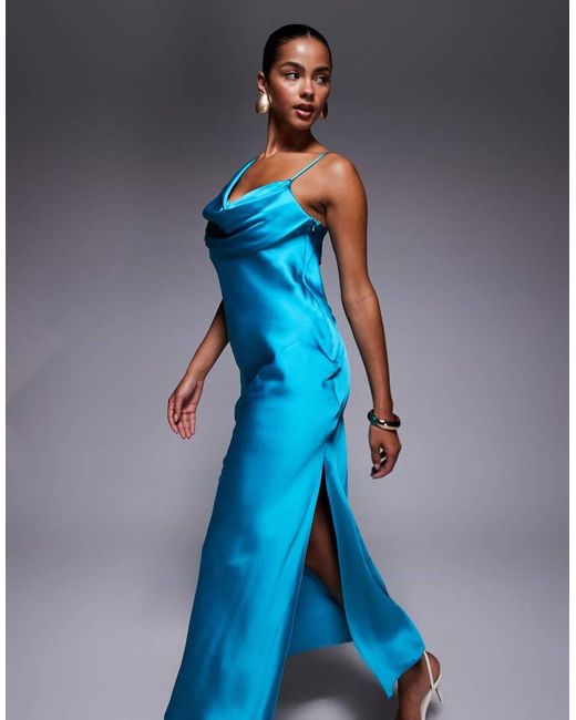 River Island Blue One Shoulder Cowl Neck Maxi Dress