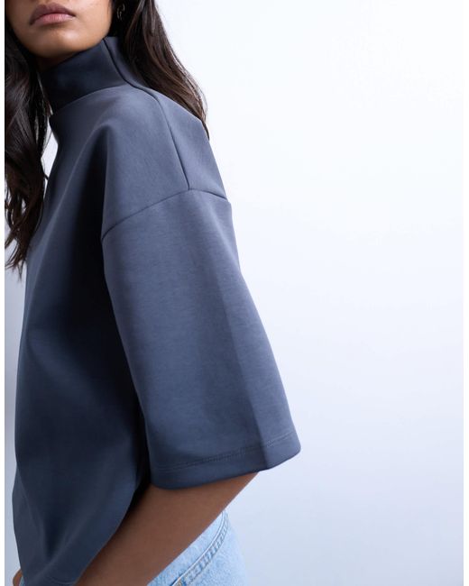 TOPSHOP Blue Interlock Funnel Neck Top