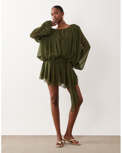 Lioness Green Elements Chiffon Drape Detail Balloon Sleeve Tie Waist Mini Dress