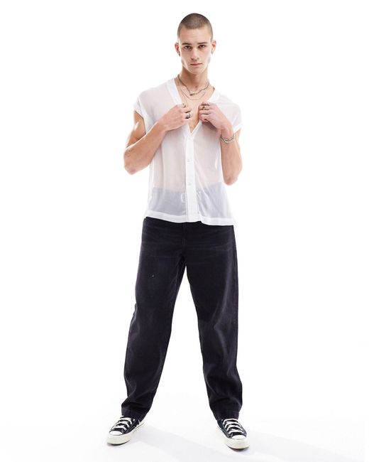 ASOS White Relaxed Sleeveless Sheer Shirt With Embellish Buttons for men