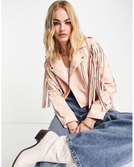 River Island Synthetic Fringe Detail Crop Biker Jacket in Pink Lyst