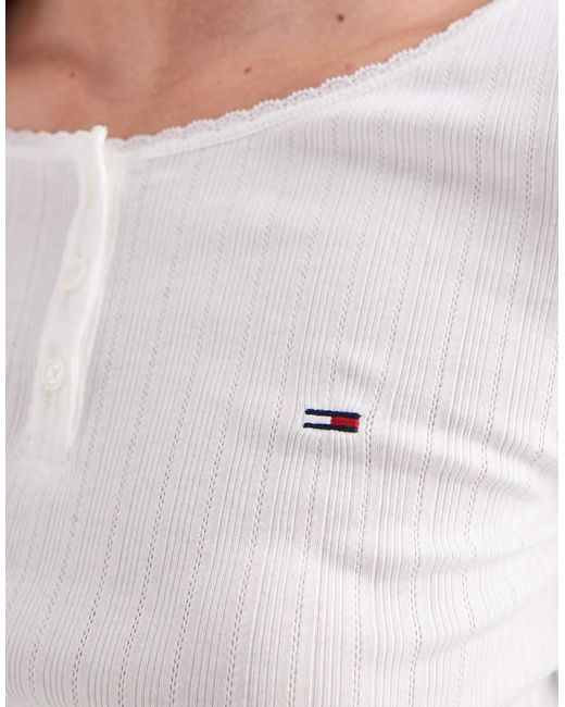 Tommy Hilfiger White Rib Henley Long Sleeve Top