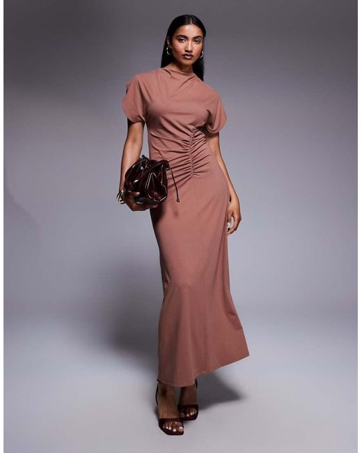 ASOS Gray Grown On Neck Flutter Sleeve Ruched Detail Maxi Dress