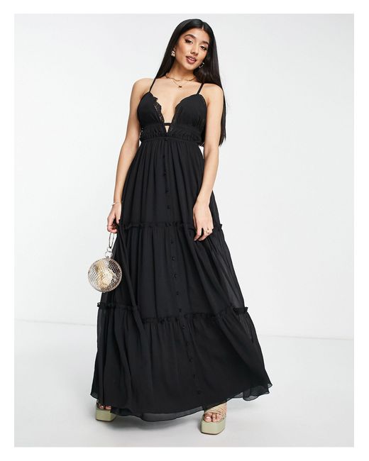 ASOS Button Through Tiered Maxi Dress With Lace Trim Detail in Black ...