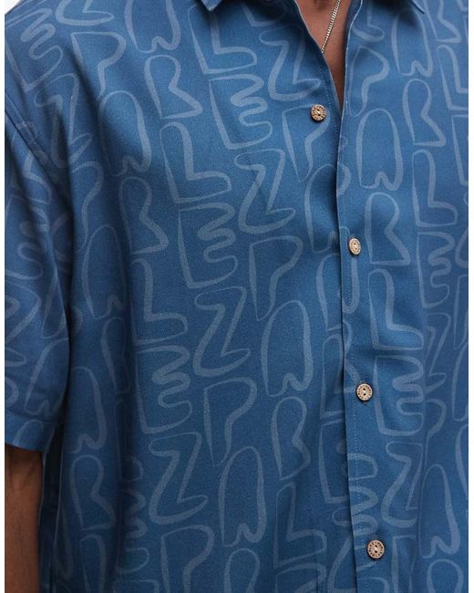 Parlez Blue Short Sleeve Stamp Geometric Pattern Button Up Shirt for men