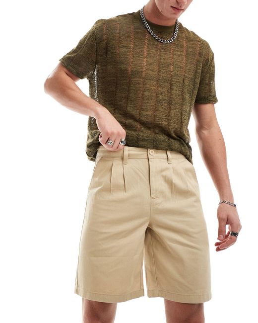 Pantaloncini chino beige con piega doppia taglio lungo di ASOS in Natural da Uomo