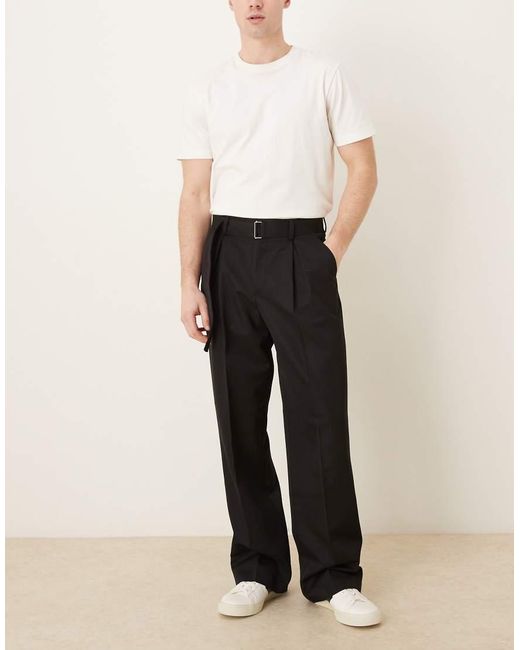 ASOS Black Smart Wide Leg Trouser With Belt Detail for men