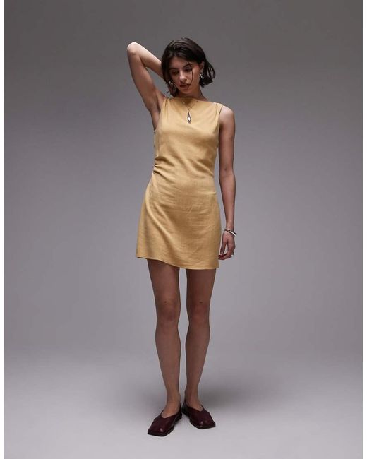 TOPSHOP Brown Twist Shoulder Linen Mini Dress