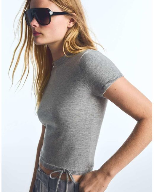Bershka Gray Round Neck Short-Sleeved T-Shirt