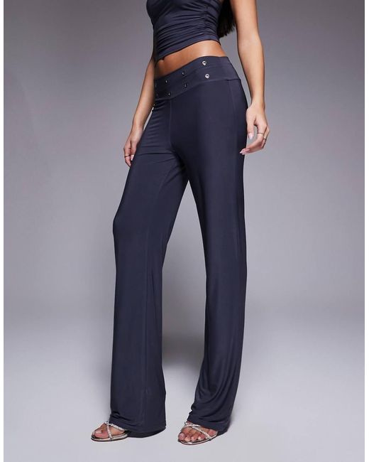 Kaiia Blue Exclusive Double Layered Slinky Eyelet Detail Waistband Wide Leg Pants