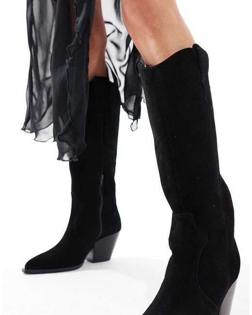 OFF THE HOOK Black 'Texas' Block Heel Western Knee Suede Leather Boots