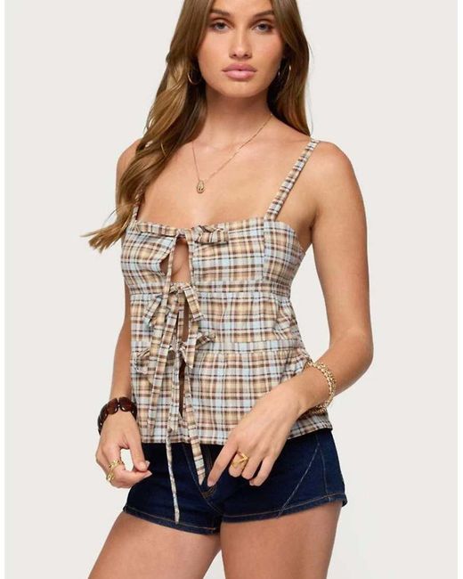 Edikted Blue Mirena Tie Front Plaid Tank Top