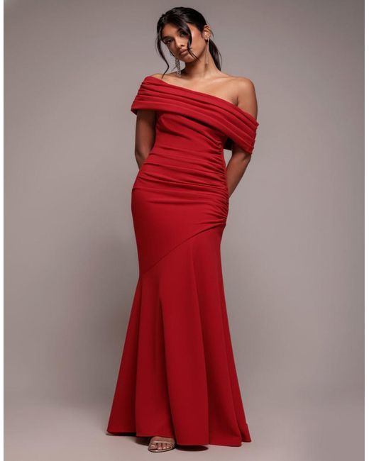 Goddiva Red Pleated One Shoulder Bardot Fit And Flare Maxi Dress