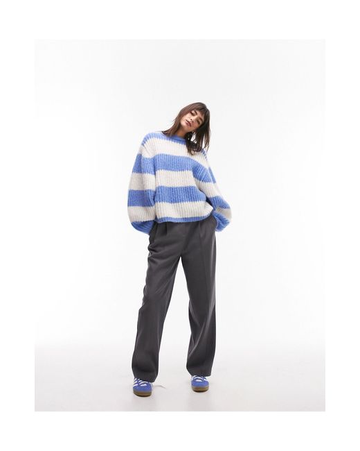 TOPSHOP Blue Knitted Volume Sleeve Fluffy Stripe Jumper