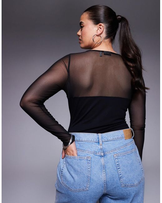 ASOS Gray Asos Design Curve Mesh Mix Panel Long Sleeve Bodysuit