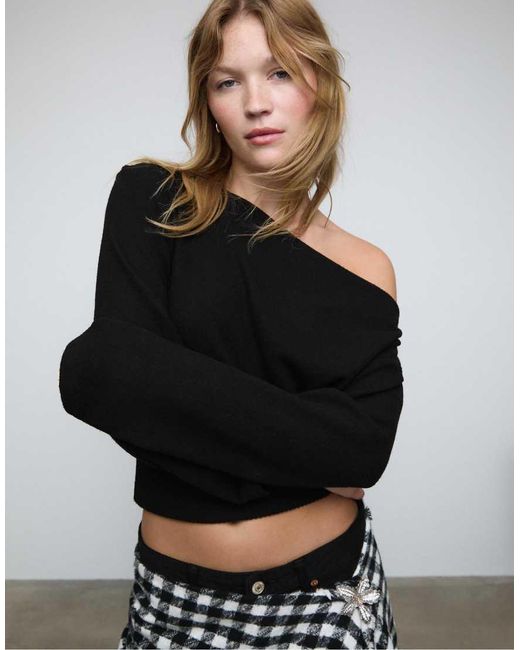 Stradivarius Black Boat Neck Knit T-Shirt With Sash Belt