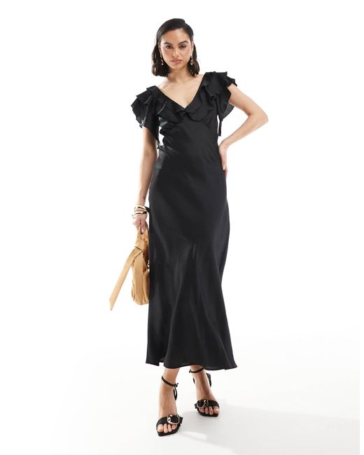 Robe mi-longue en satin à manches volantées New Look en coloris Black