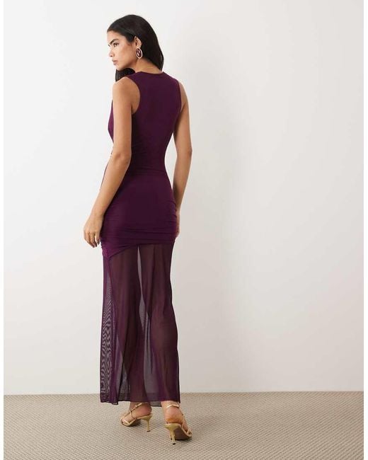 Kaiia Purple Exclusive Double Layered Slinky Extreme Cowl Neck Sheer Hem Maxi Dress