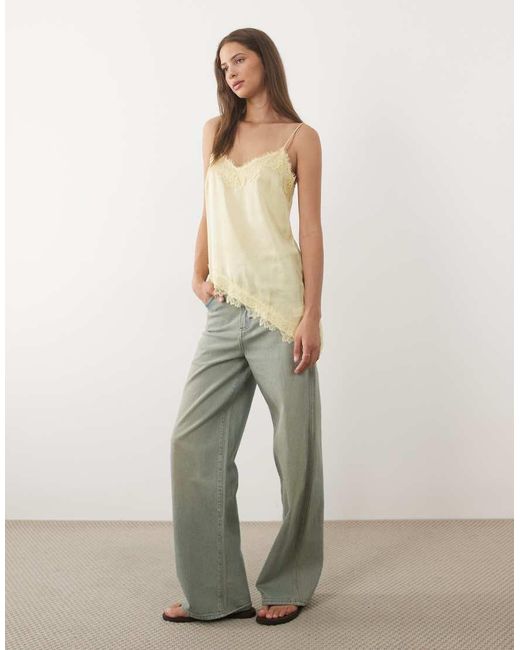 New Look Natural Longline Asymmetric Lace Trim Satin Cami Top