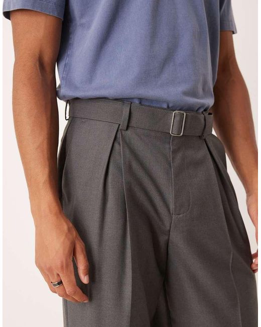 ASOS Gray Smart Wide Leg Belted Trousers With Front Pleat for men