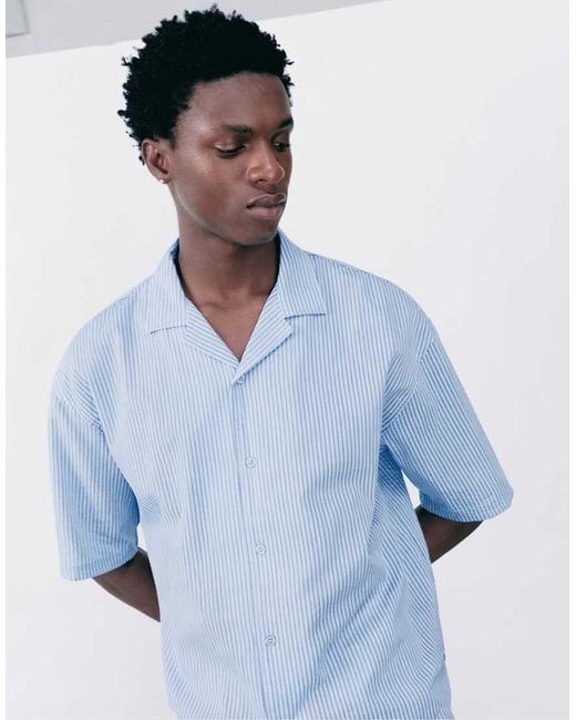 Pull&Bear Blue Striped Short Sleeve Shirt for men