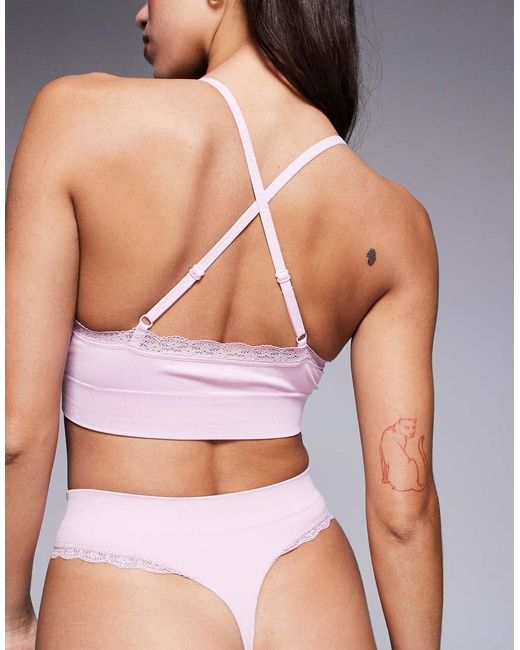 Boux Avenue Pink Lace Trim Ribbed Lingerie Thong