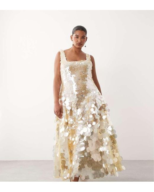 ARRANGE Natural Curve Embellished Disc Sequin Square Neck Full Skirt Midi Dress