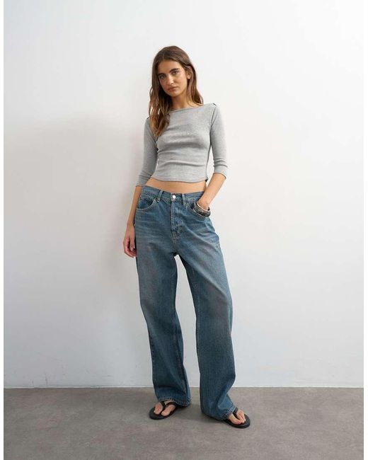 TOPSHOP Gray Slash Neck Curve Hem Top