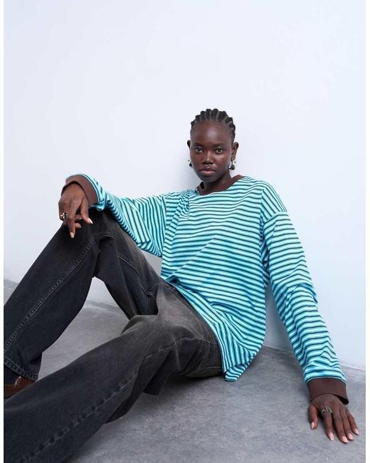 TOPSHOP Blue Stripe Long Sleeve Slouchy Skater Tee