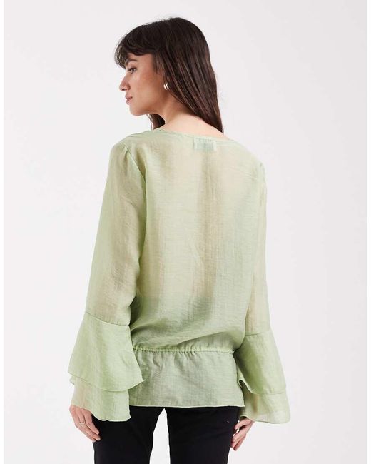Aware Green Flared Sleeve V-Neck Top