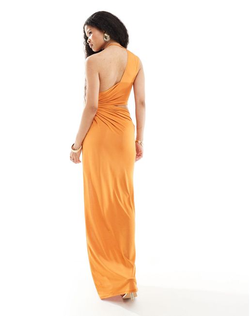 Asos design petite robe fendue longue a decoupes et detail fronce corail ASOS en coloris Orange Lyst