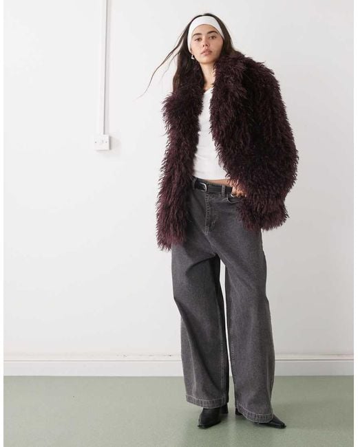 Monki Black Oversized Short shaggy Faux Fur Coat With Collar Detail
