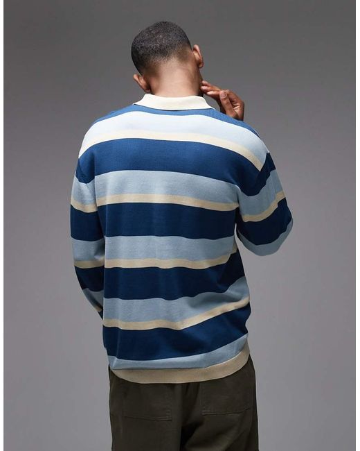 Parlez Blue Pipe Long Sleeve Striped Knit Polo Shirt for men