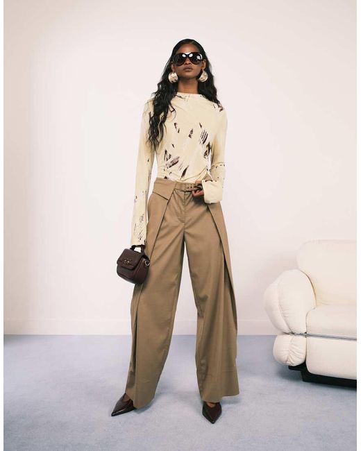 ASOS Elegante Broek Met Wijde Pijpen En Omgeslagen Tailleband in het Natural
