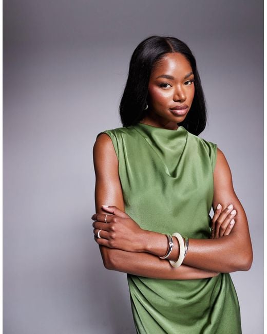 ASOS Satin High Neck Pleated Bodice Midi Dress in Green | Lyst