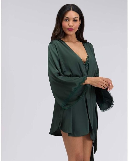 Boux Avenue Green Kaya Satin Short Robe Wide Sleeve Self Tie Belted Nightwear
