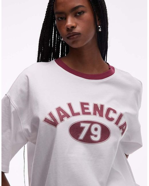 TOPSHOP White Jersey Oversized Valencia Sports T-shirt With Burgundy Ringer