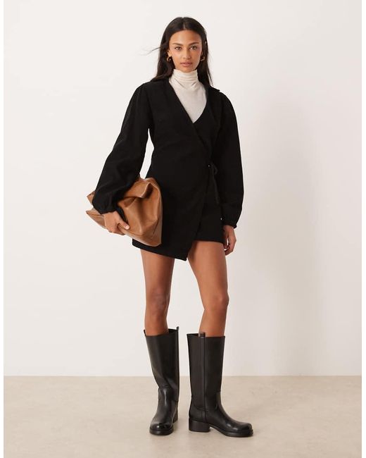 ASOS Black Corduroy Puff Sleeve Wrap Dress