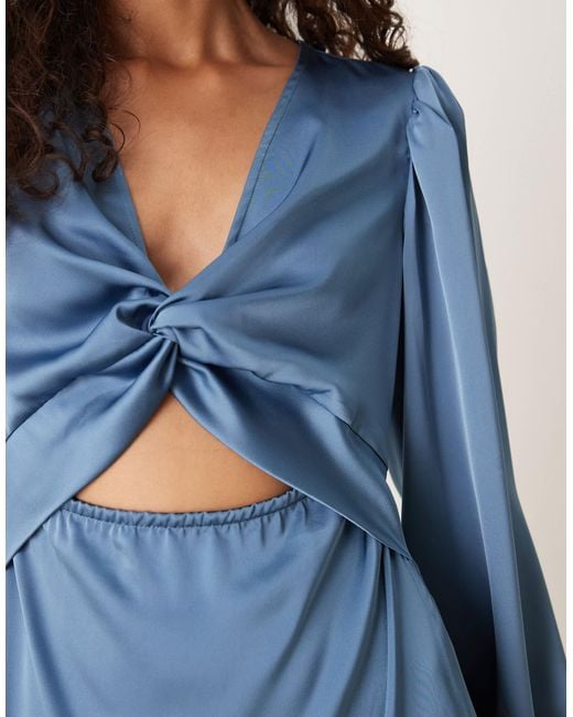 Vila Blue Long Sleeve Twist Front Satin Midi Dress