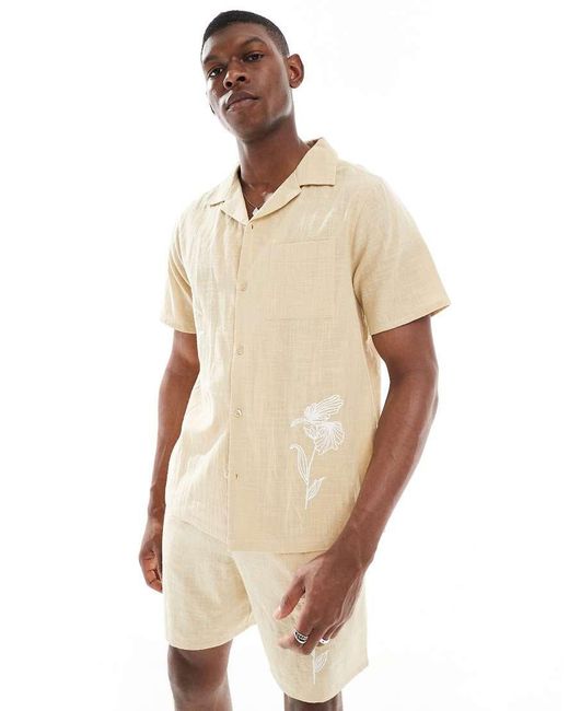 New Look Natural Crinkle Embroidered Shirt Co-Ord for men