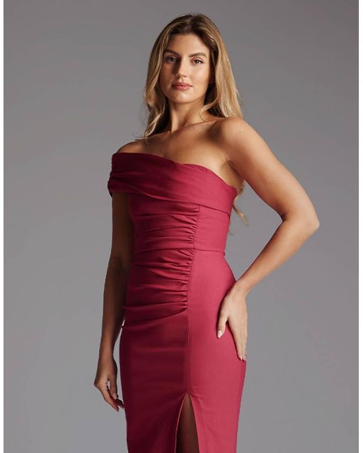 Vesper Red Off The Shoulder Ruched Maxi Dress