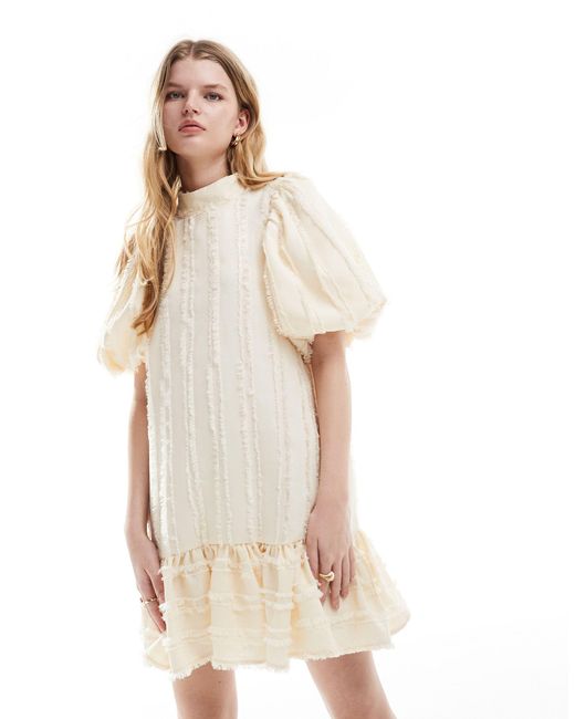 Ghospell White Textured Puff Sleeve Mini Dress