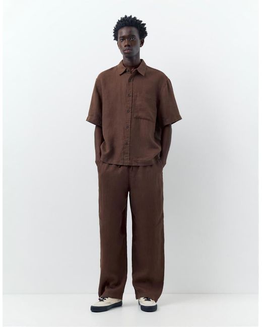 Pull&Bear Brown 100% Linen Trousers for men