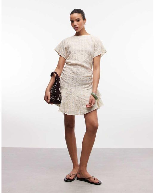 ASOS White Short Sleeve Mini Dress With Ruching Tie Waist Detail