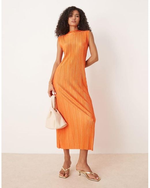 ASOS Orange Plisse Sleeveless Midi Dress