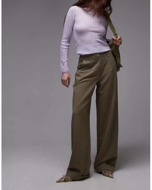 Pantalones Marrón Grisáceo De Pernera Recta De Sarga De TOPSHOP de color Gray