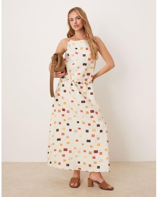 Vrg Grl Natural Elma Tile Print Belted Linen Midi Dress
