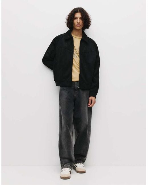 Pull&Bear Black Faux Suede Trucker Jacket for men