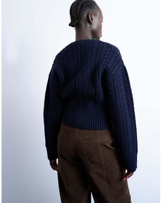 TOPSHOP Blue Knitted Cable Fitted Waist Cardigan