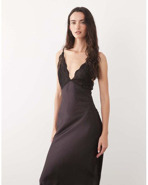 Mango Red Satin Maxi Dress With Delicate Lace Trim